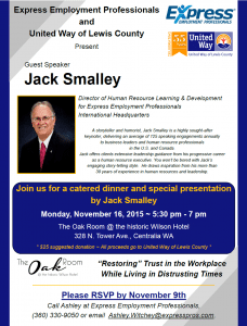 Dinner and Special Presentation by Jack Smalley - presented by United Way of Lewis County and Express Employment Professionals @ The Oak Room @ the historic Wilson Hotel | Centralia | Washington | United States