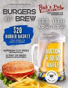 Burgers and Brew at Bub's Pub February 11: A Fundraiser Supporting Adna Senior Class of 2023 @ Bub's Pub Sports Bar and Grill